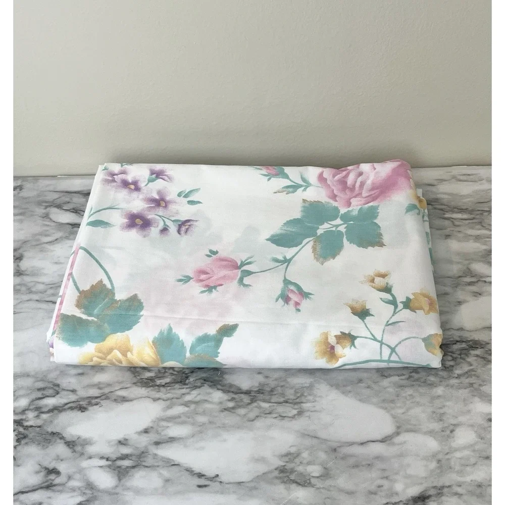 Cannon Vtg Twin Flat Sheet Floral Pink Purple Yellow Rose Cottagecore USA